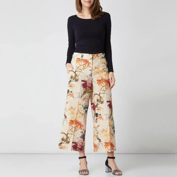EUC Seductive Pants cream beige floral print wide leg linen blend culottes, 36